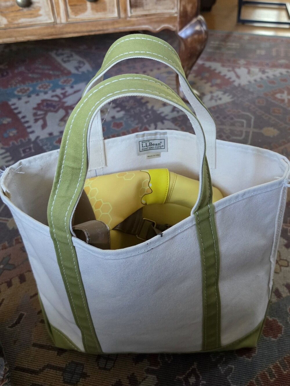 VTG 90's Era L.L.Bean Boat and Tote Bag White/Green canvas